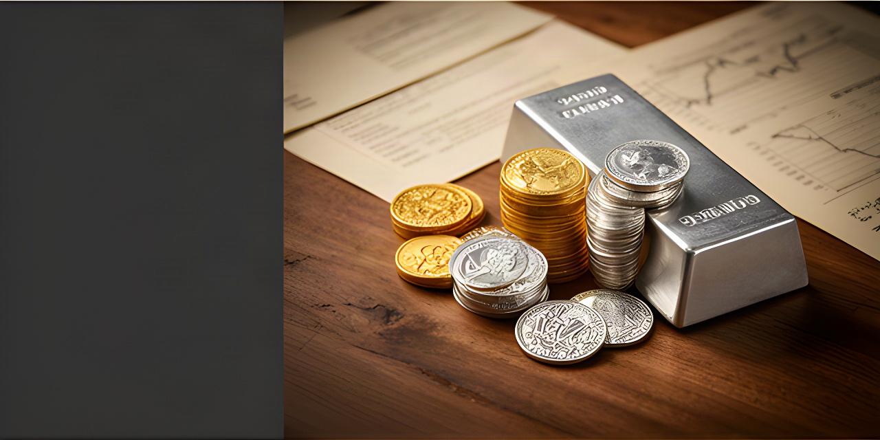 Gouden en zilveren munten naast een platina staaf op een houten bureau met beleggingsnotities