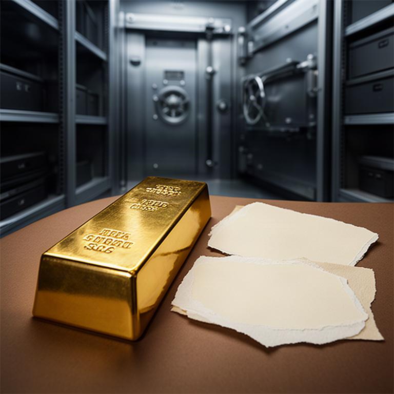 Glanzende goudstaaf naast gescheurde papieren certificaten in een beveiligde opslagruimte