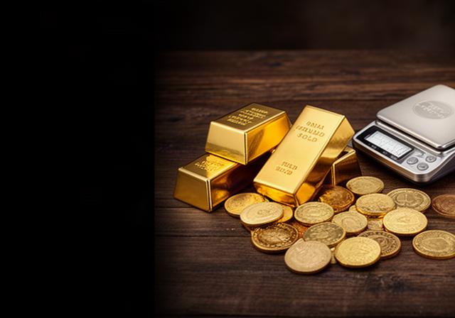 Goudstaven en gouden munten op een donkere houten tafel naast een precisieweegschaal