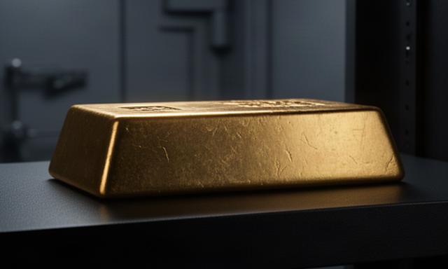 Grote goudbaar van één kilogram op een zwarte kluisplank met serienummer in beeld