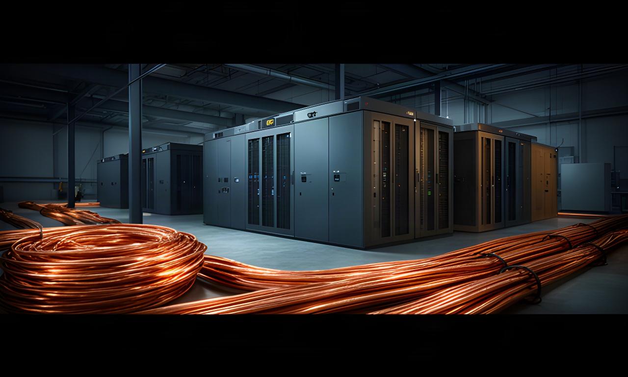 Koperen elektriciteitskabels naast een moderne batterij-installatie in een industriële omgeving