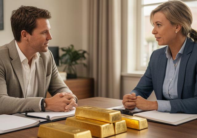 Adviseur bespreekt goudstaven en vermogensdoelen met klant aan tafel in Haaksbergen