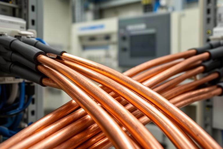 Glanzende koperen kabels in een technisch distributiecentrum voor elektriciteitsnetten