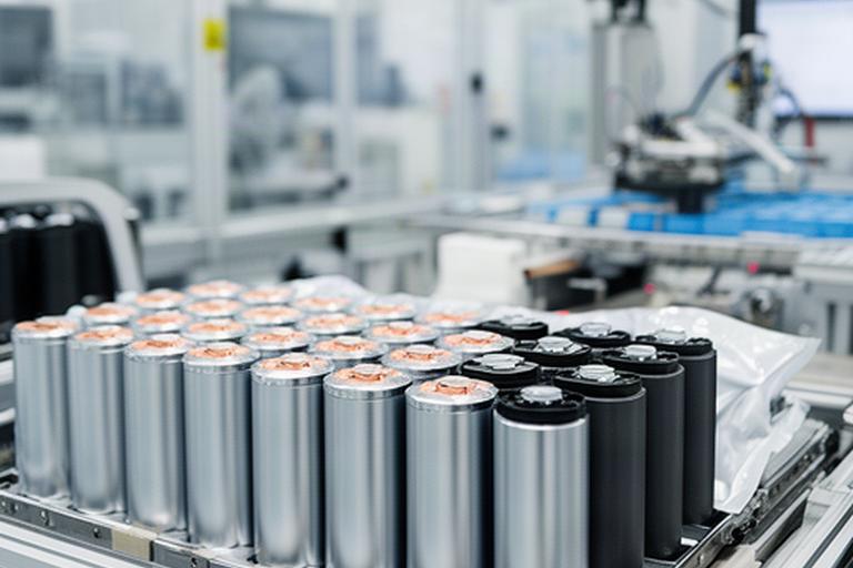 Lithiumhoudende batterijcellen in een gecontroleerde fabriek voor energieopslag