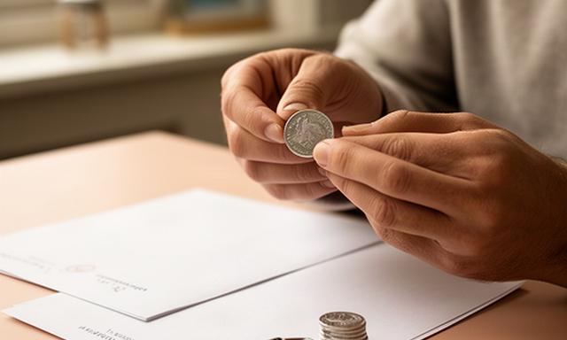 Particuliere spaarder die thuis een zilveren munt en aankoopnotities bekijkt