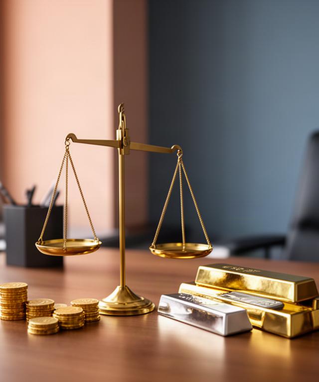 Gouden weegschaal met munten en metalen staven op een houten bureau in een rustige kantooromgeving