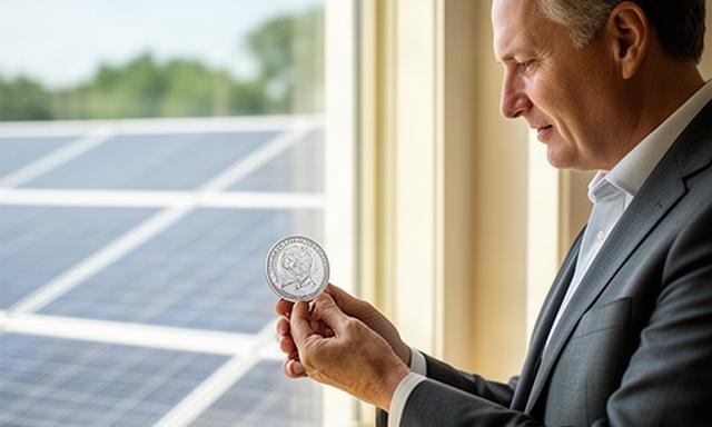 Vermogende particulier die een platina munt bij een raam met zonnepanelen onderzoekt