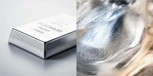 Platinastaaf naast een vergroot detail van het heldere metaaloppervlak