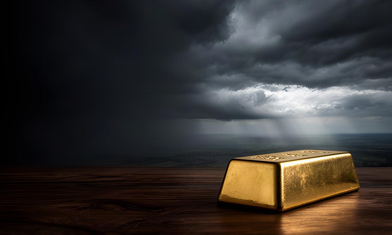Goudstaaf op een donkere houten tafel met stormachtige lucht op de achtergrond
