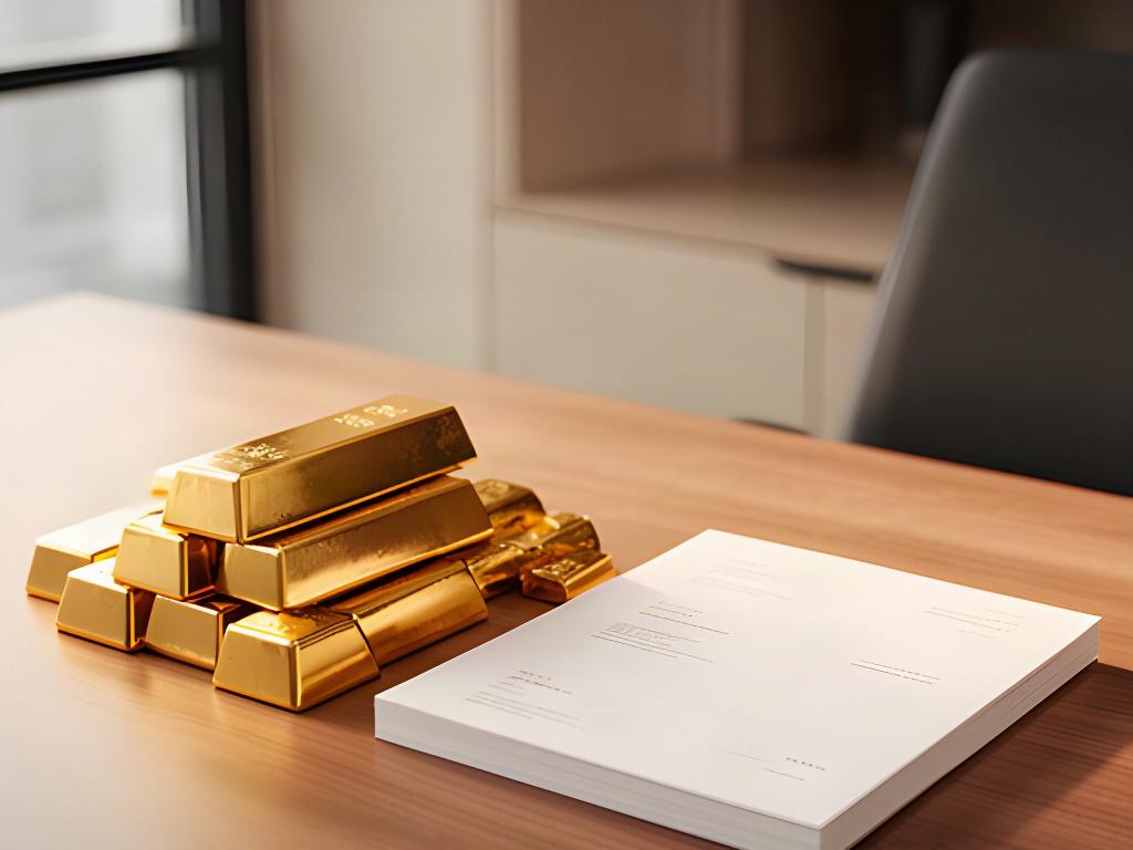 Gouden edelmetaal naast zakelijke documenten op een houten bureau in een modern kantoor